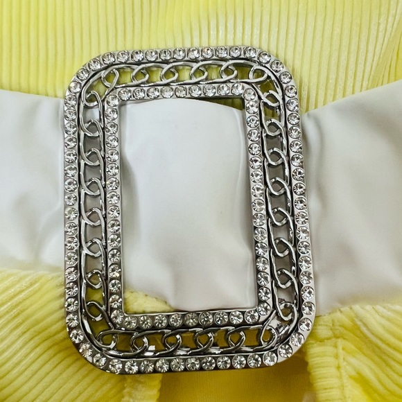 Yellow Velvet & Vinyl White Buckle Cut Out Cowl Bodycon Strapless Mini Dress - Picture 5 of 11